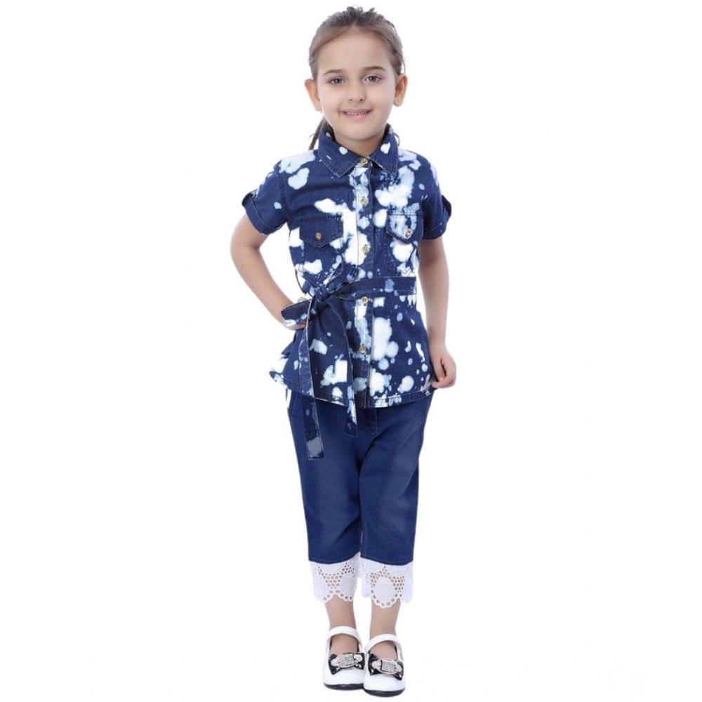 Girl's Denim Tie ; Dye Short Sleeve Top (Blue-White)