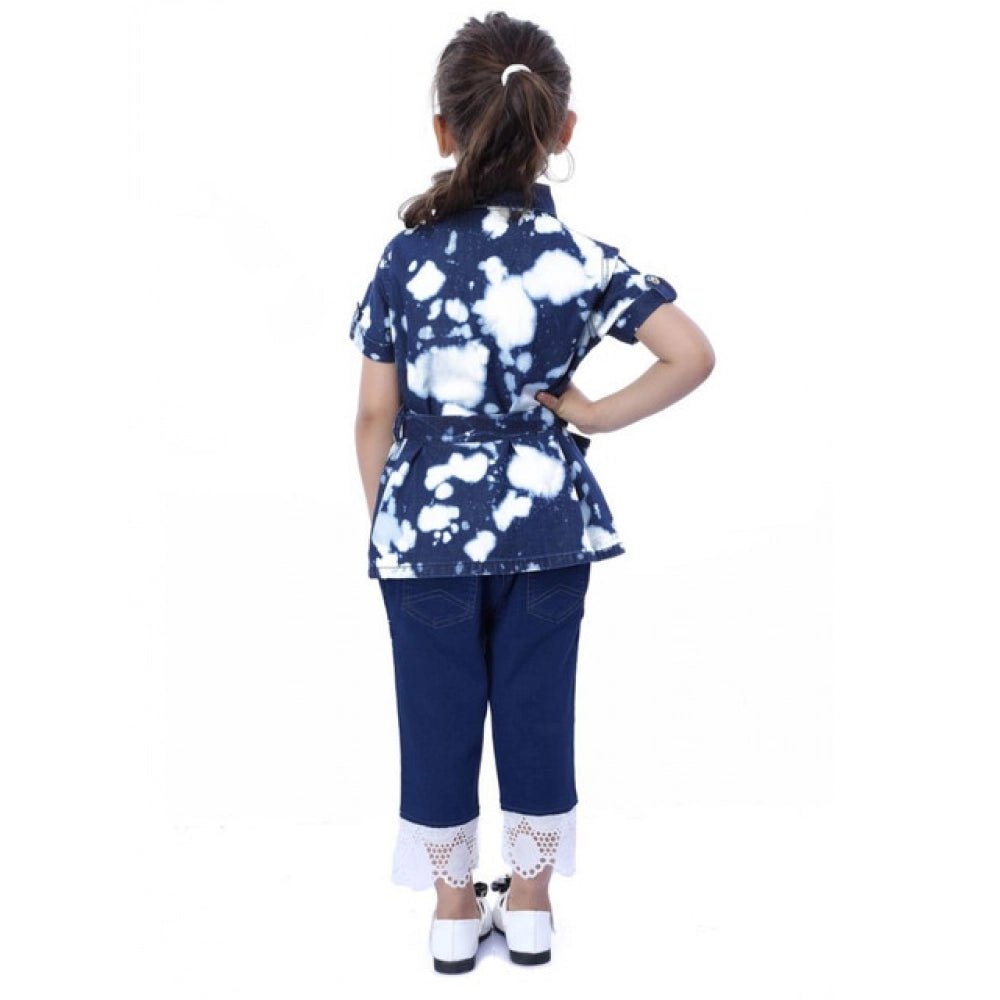 Girl's Denim Tie ; Dye Short Sleeve Top (Blue-White) - Image 2