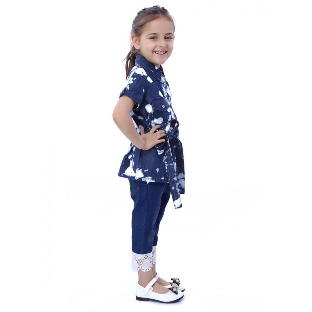 Girl's Denim Tie ; Dye Short Sleeve Top (Blue-White) - Image 3