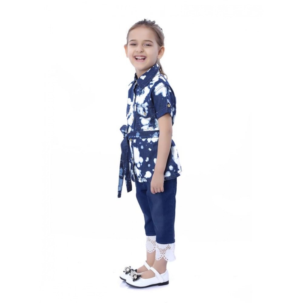Girl's Denim Tie ; Dye Short Sleeve Top (Blue-White) - Image 4