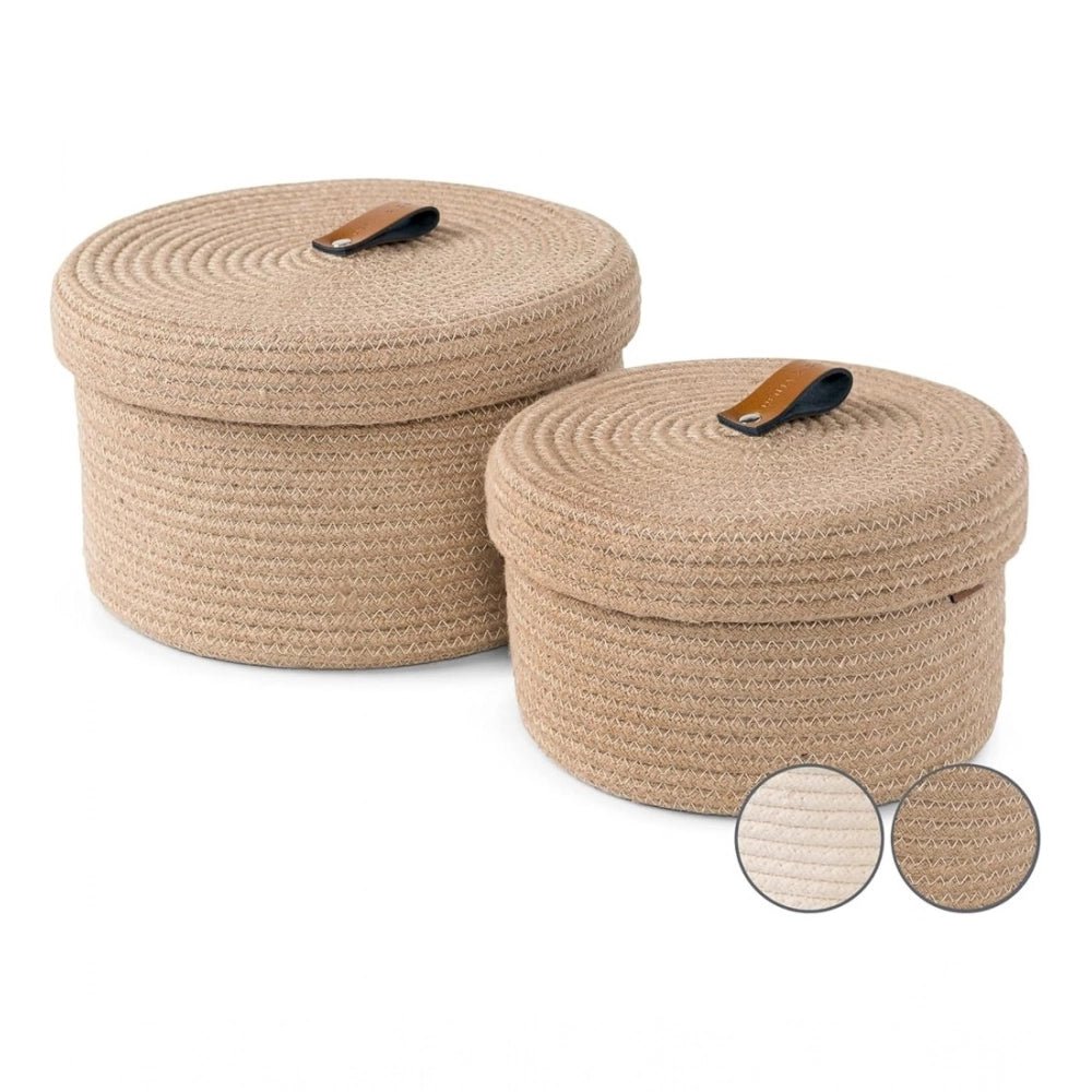 Cotton 2 Pcs Set Roti Box Storage Basket With Lid (Beige) - Image 2
