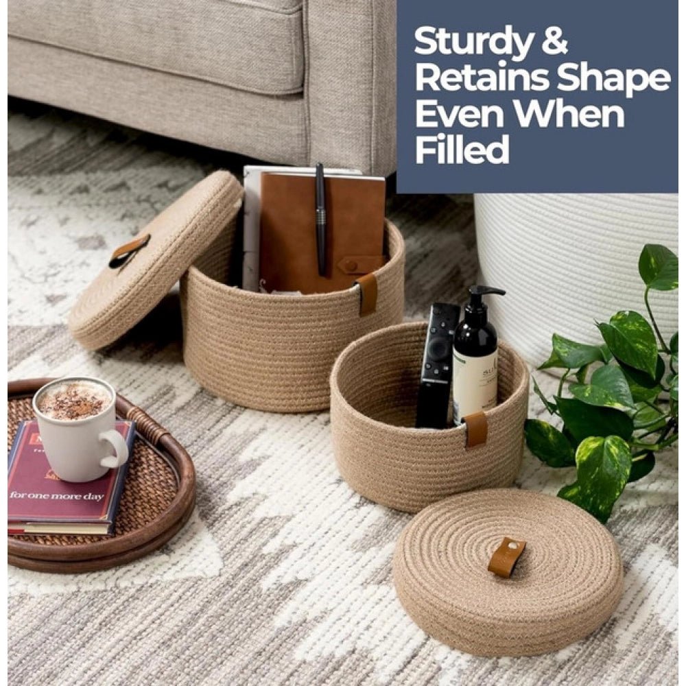 Cotton 2 Pcs Set Roti Box Storage Basket With Lid (Beige) - Image 3