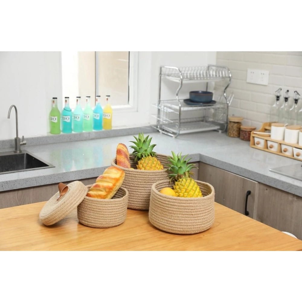 Cotton 3 Pcs Set Roti Box Storage Basket With Lid (Beige) - Image 4