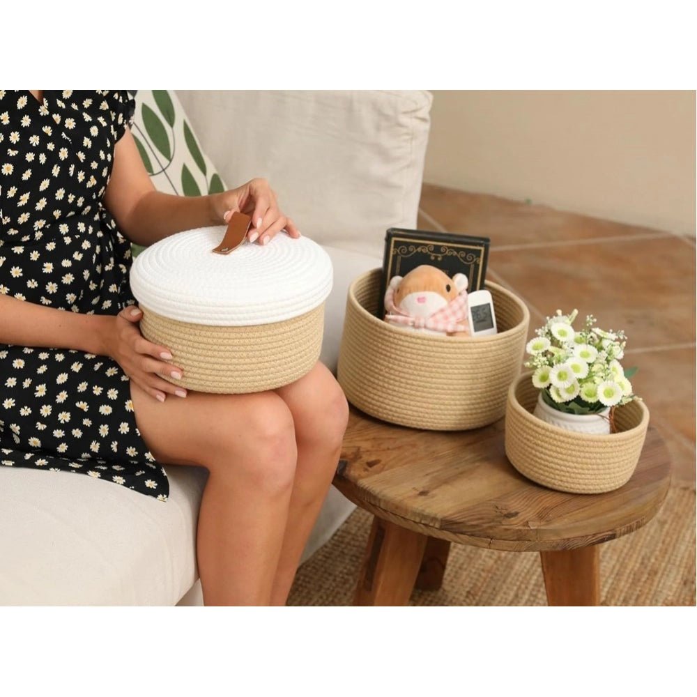 Cotton 3 Pcs Set Roti Box Storage Basket With Lid (Beige-White) - Image 3
