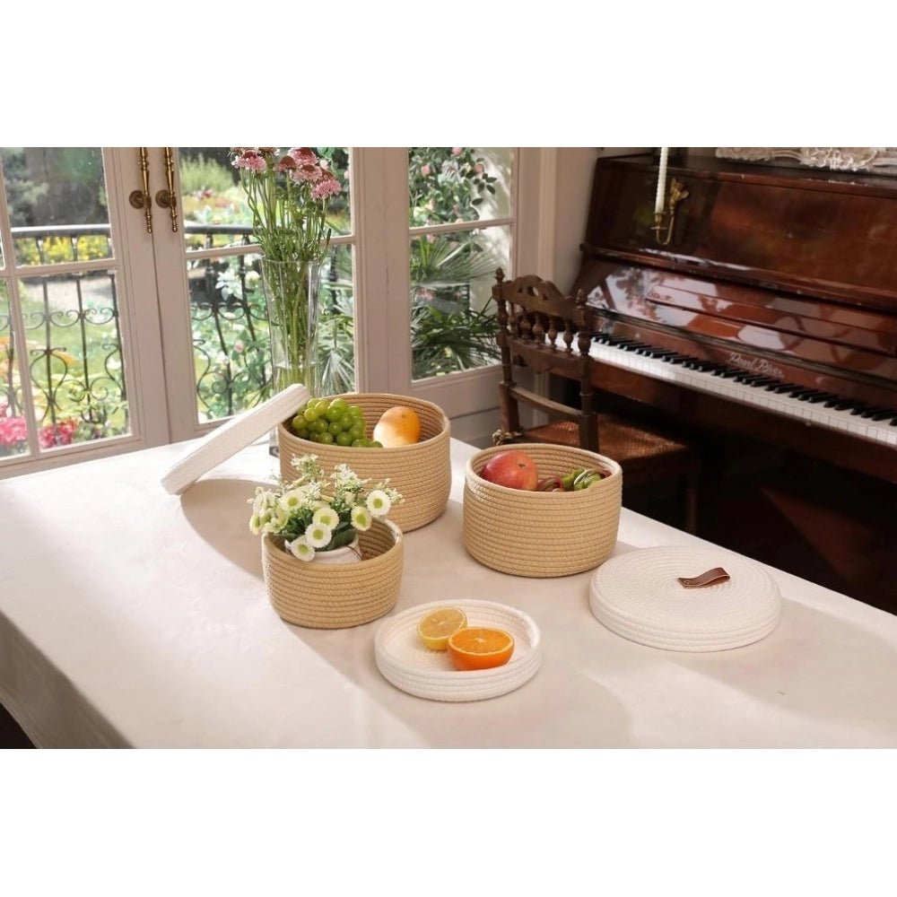 Cotton 3 Pcs Set Roti Box Storage Basket With Lid (Beige-White) - Image 4