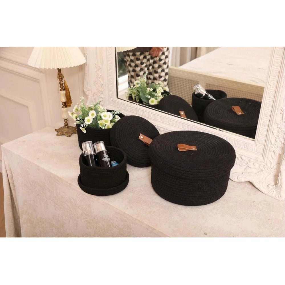 Cotton 3 Pcs Set Roti Box Storage Basket With Lid (Black)