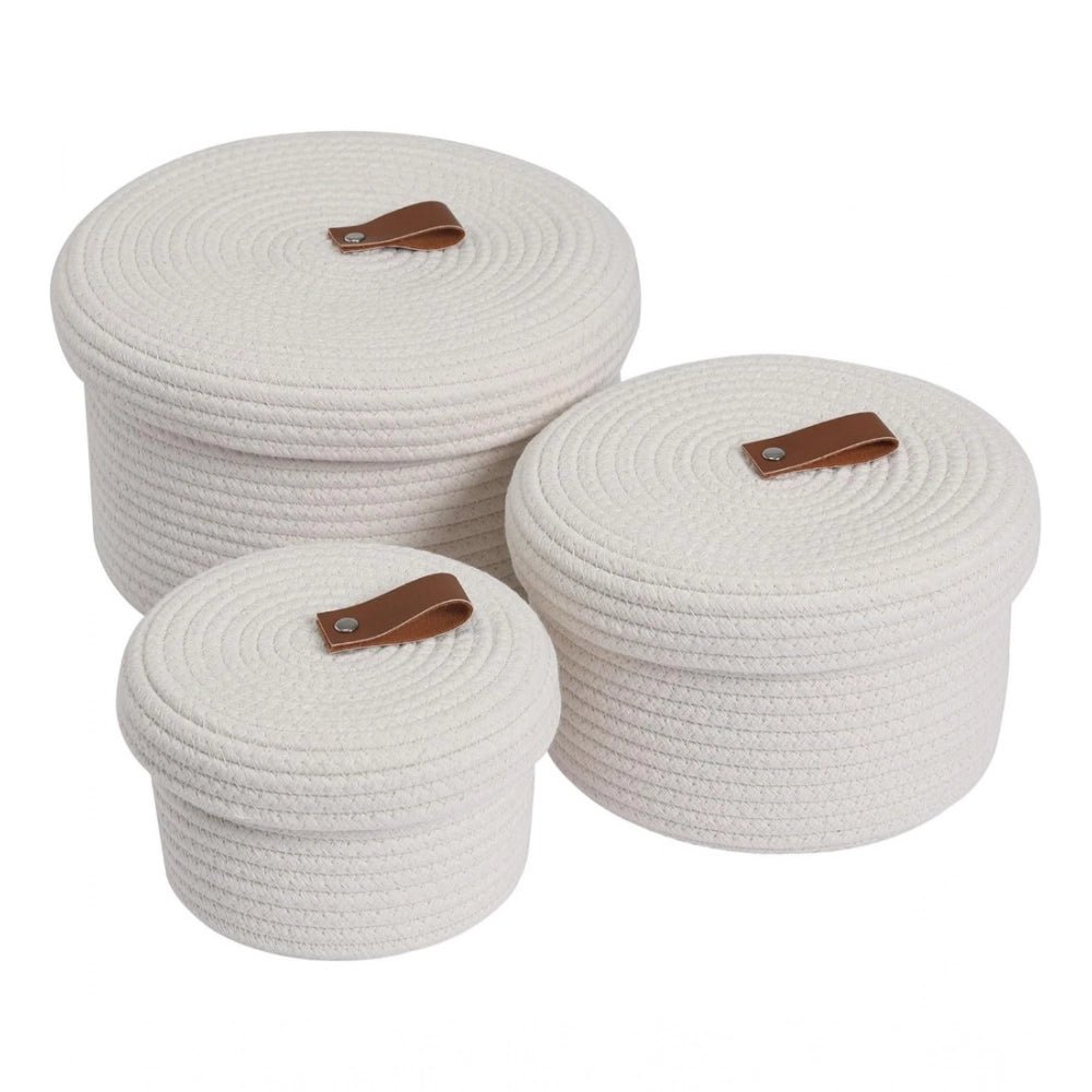 Cotton 3 Pcs Set Roti Box Storage Basket With Lid (White) - Image 2