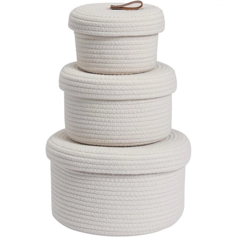 Cotton 3 Pcs Set Roti Box Storage Basket With Lid (White) - Image 3