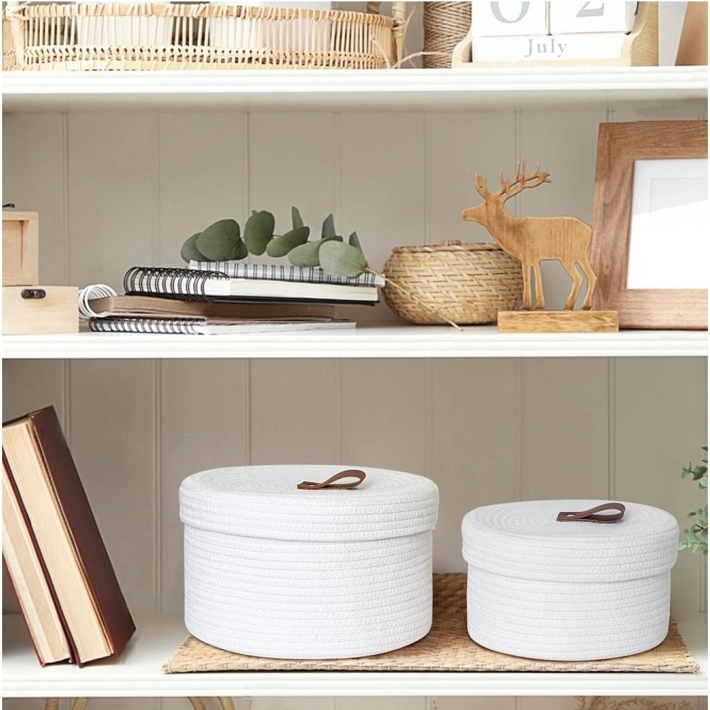 Cotton 3 Pcs Set Roti Box Storage Basket With Lid (White) - Image 4