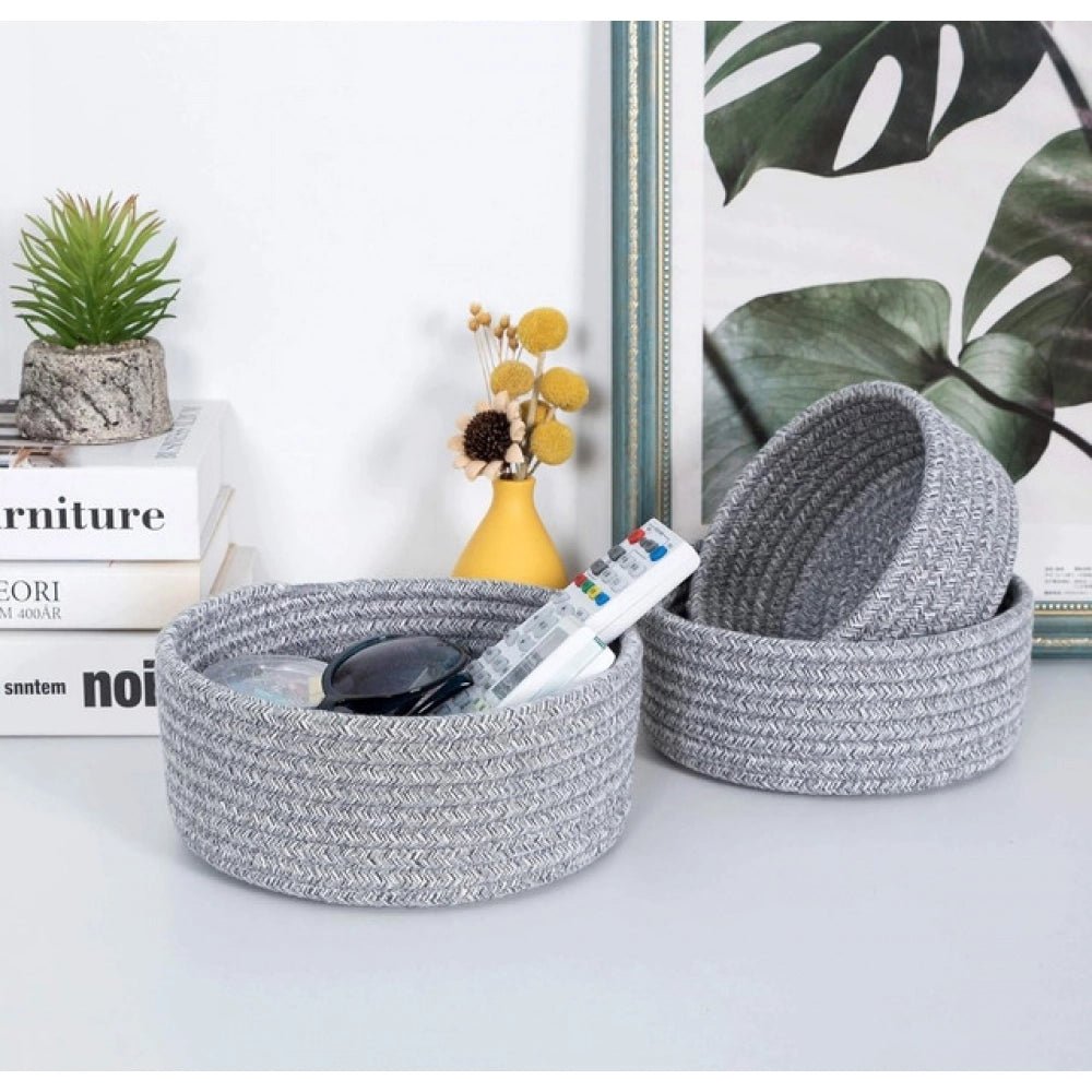 Cotton 8x3 Inch Kidi Round 3 Set Bedside Organizer With Out Lid (Gray) - Image 3
