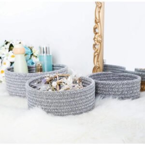 Cotton 8x3 Inch Kidi Round 3 Set Bedside Organizer With Out Lid (Gray)