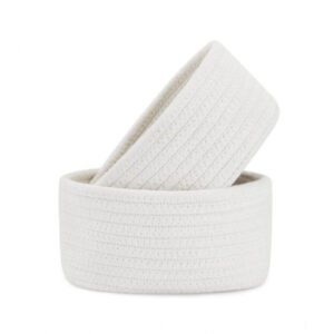 Cotton 8x3 Inch Round 2 Set Bedside Organizer With Out Lid (White)