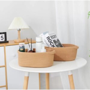 Cotton 2 Pcs 10x7x4 Inch Oval Storage Basket For Clothes (Beige)