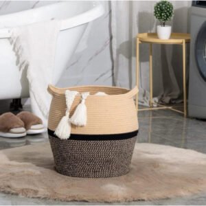 Cotton Matka 14x12 Inch Storage Basket For Clothes With Out Lid (Beige-Black)