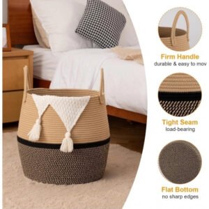 Cotton Matka With Handle 14x12 Inch Storage Basket For Clothes With Out Lid (Beige-Black)