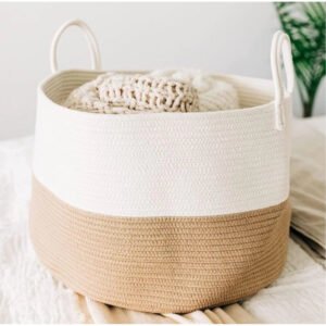 Cotton Pack Of_1 12x14 Inch Laundry Storage Basket For Clothes (Beige-White)