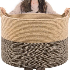 Cotton Pack Of_1 16x14 Inch Storage Basket For Clothes With Out Lid (Beige-Beige-Black)