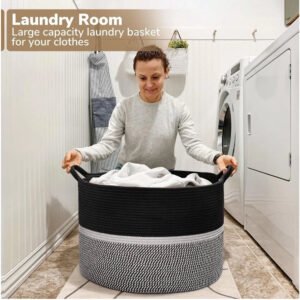 Cotton Dori 16x14 Inch Storage Basket For Clothes With Out Lid (Black-Black-White)