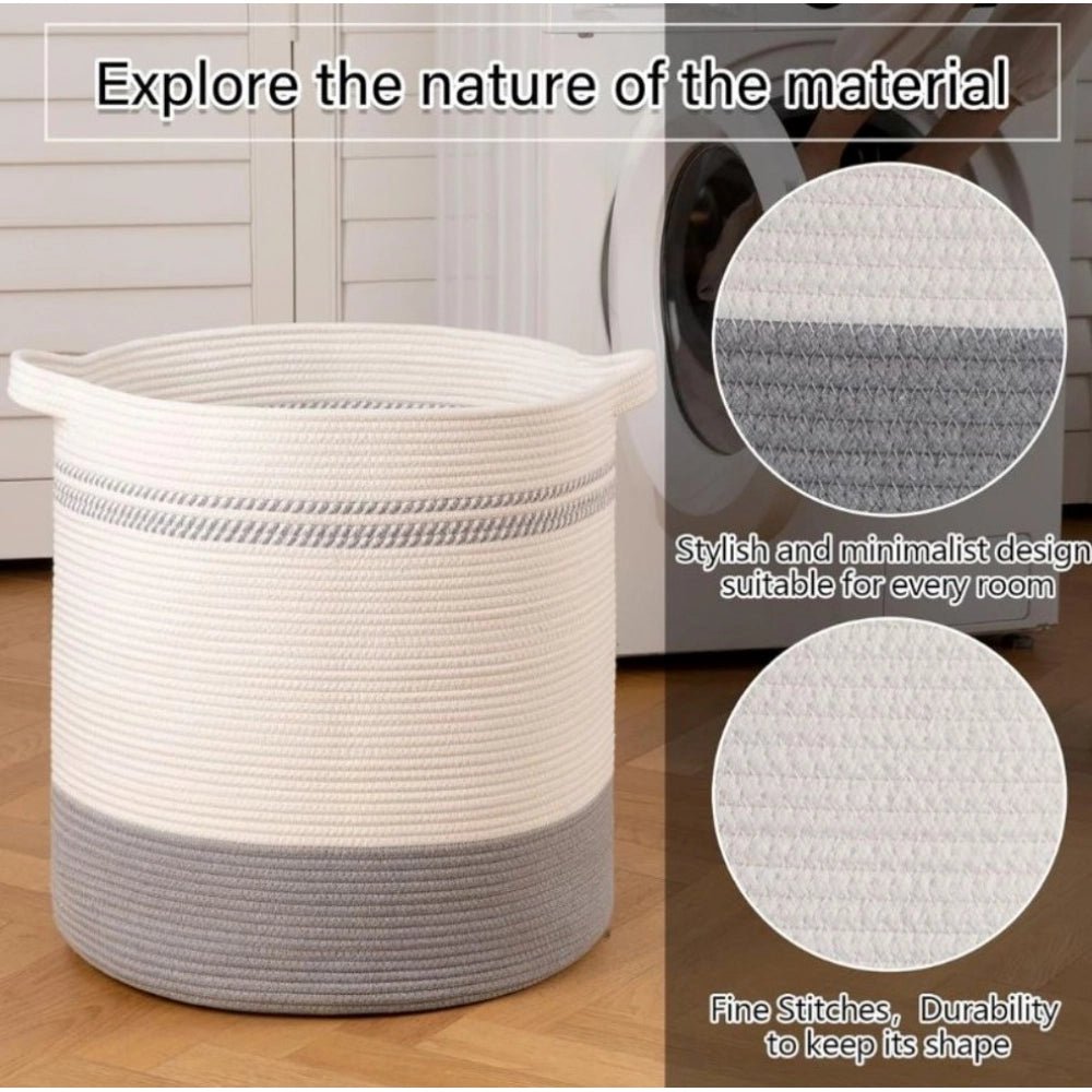 Cotton Pack Of_1 12x14 Inch Storage Basket For Clothes (Grey-White) - Image 3