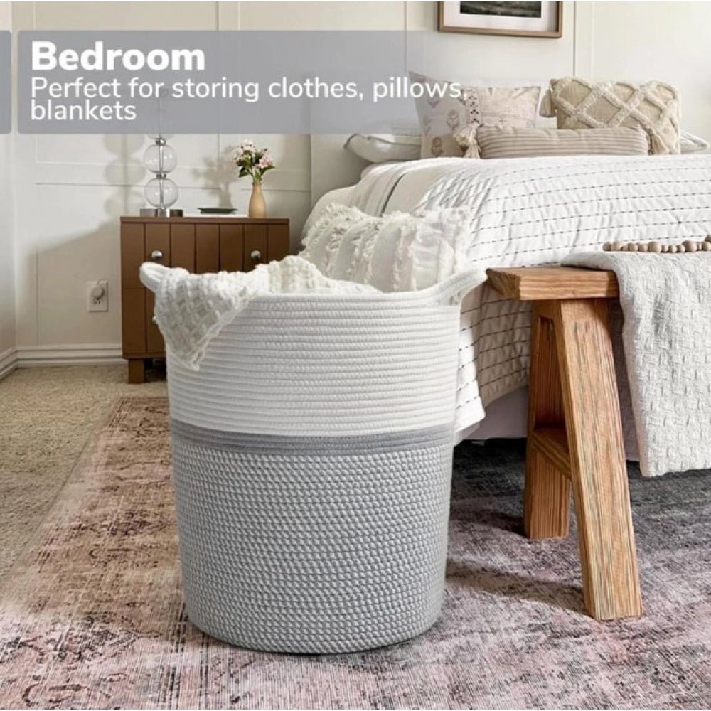 Cotton Pack Of_1 12x14 Inch Storage Basket For Clothes (Grey-White) - Image 3