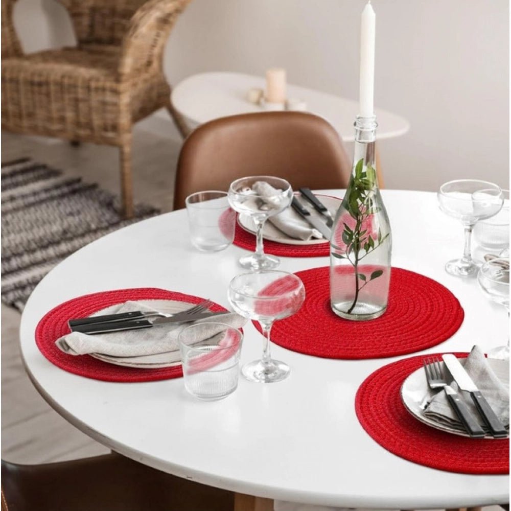 Cotton Dining Table Round Placemat Mats Set of 4 (Red) - Image 4