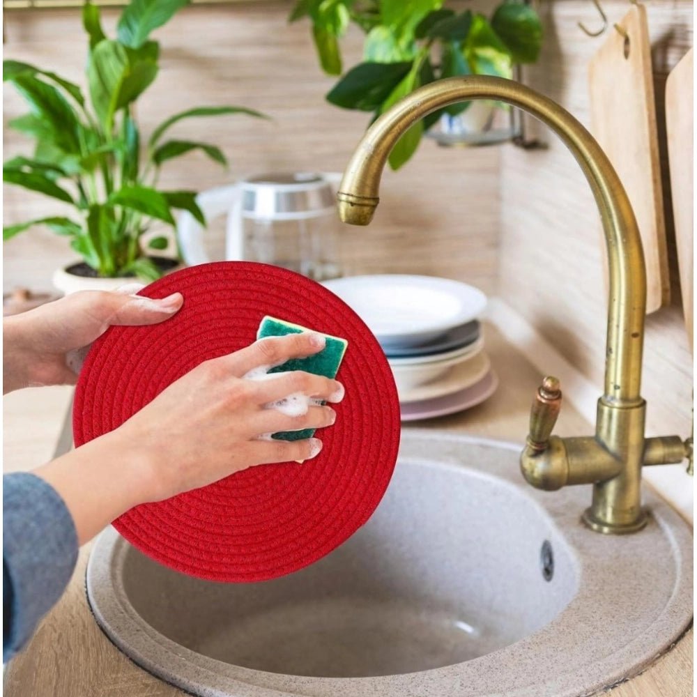 Cotton Dining Table Round Placemat Mats Set of 4 (Red) - Image 3