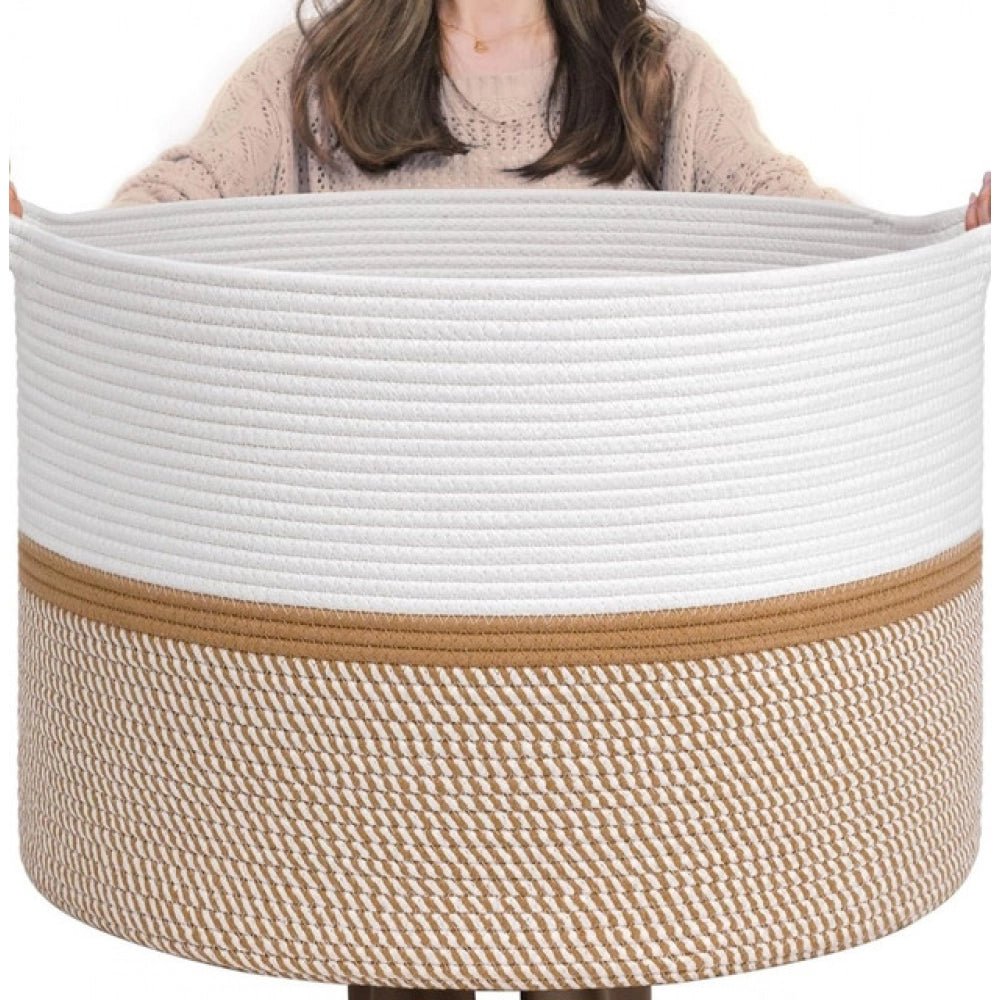 Cotton Dori 16x14 Inch Storage Basket For Clothes With Out Lid (White-Beige-White) - Image 2