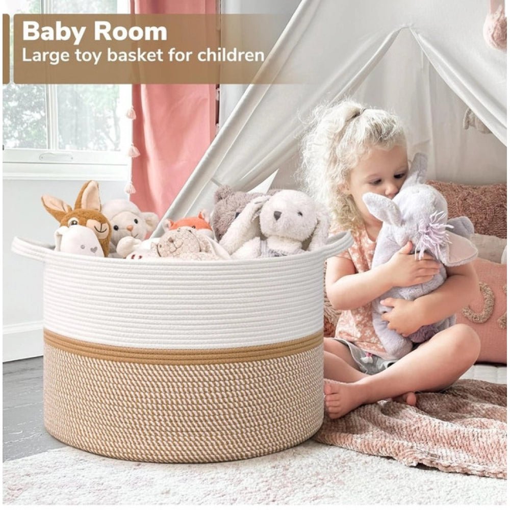 Cotton Dori 16x14 Inch Storage Basket For Clothes With Out Lid (White-Beige-White) - Image 3