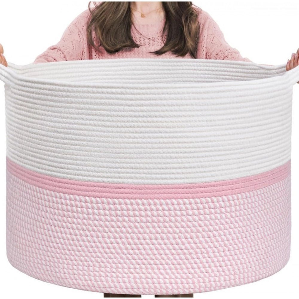 Cotton Dori 16x14 Inch Storage Basket For Clothes With Out Lid (White-Pink-White) - Image 2