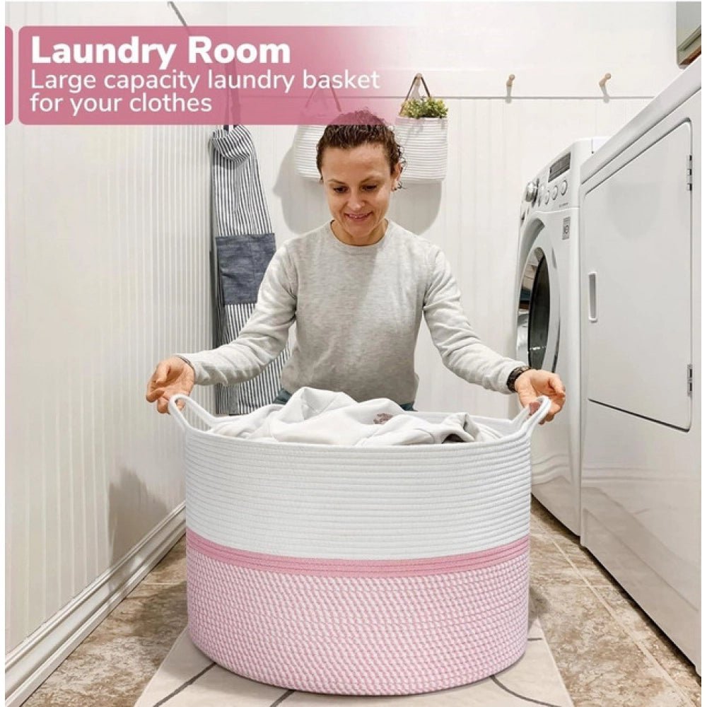 Cotton Dori 16x14 Inch Storage Basket For Clothes With Out Lid (White-Pink-White)