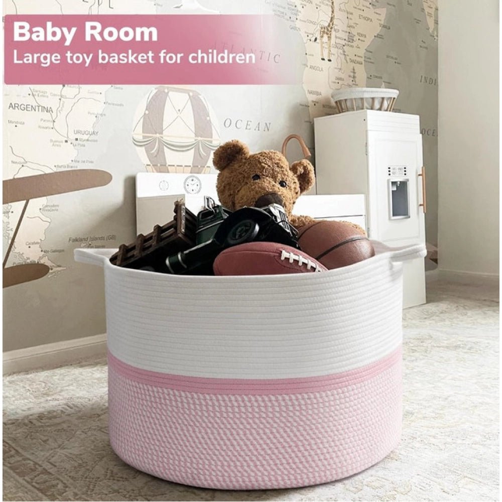 Cotton Dori 16x14 Inch Storage Basket For Clothes With Out Lid (White-Pink-White) - Image 4