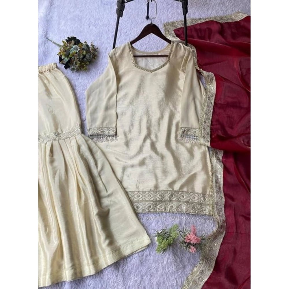 Silk Embroidered 3/4th Sleeve V-Neck Kurti With Sharara Pant and Dupatta Set (Cream & Brown) - Image 5