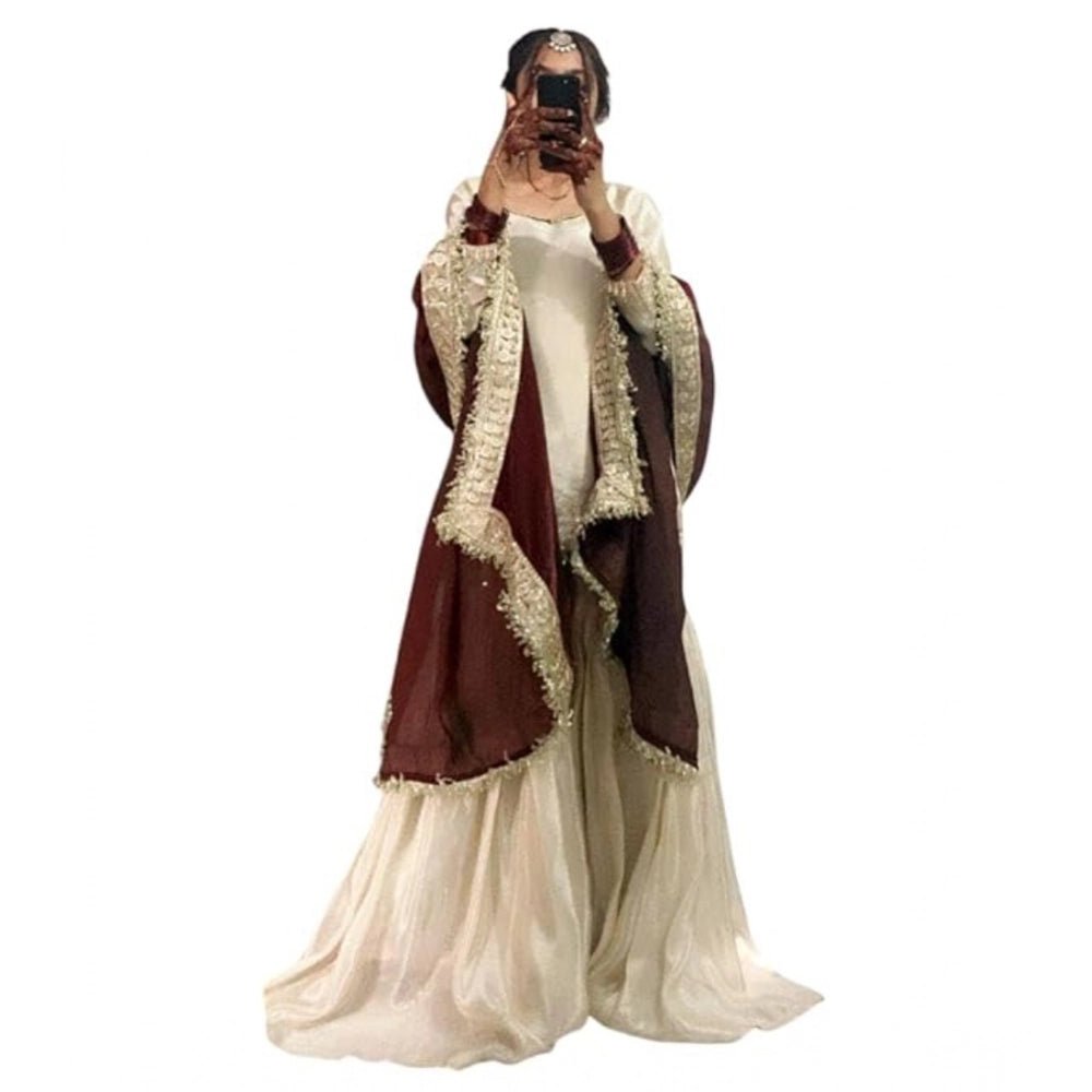 Silk Embroidered 3/4th Sleeve V-Neck Kurti With Sharara Pant and Dupatta Set (Cream & Brown) - Image 2