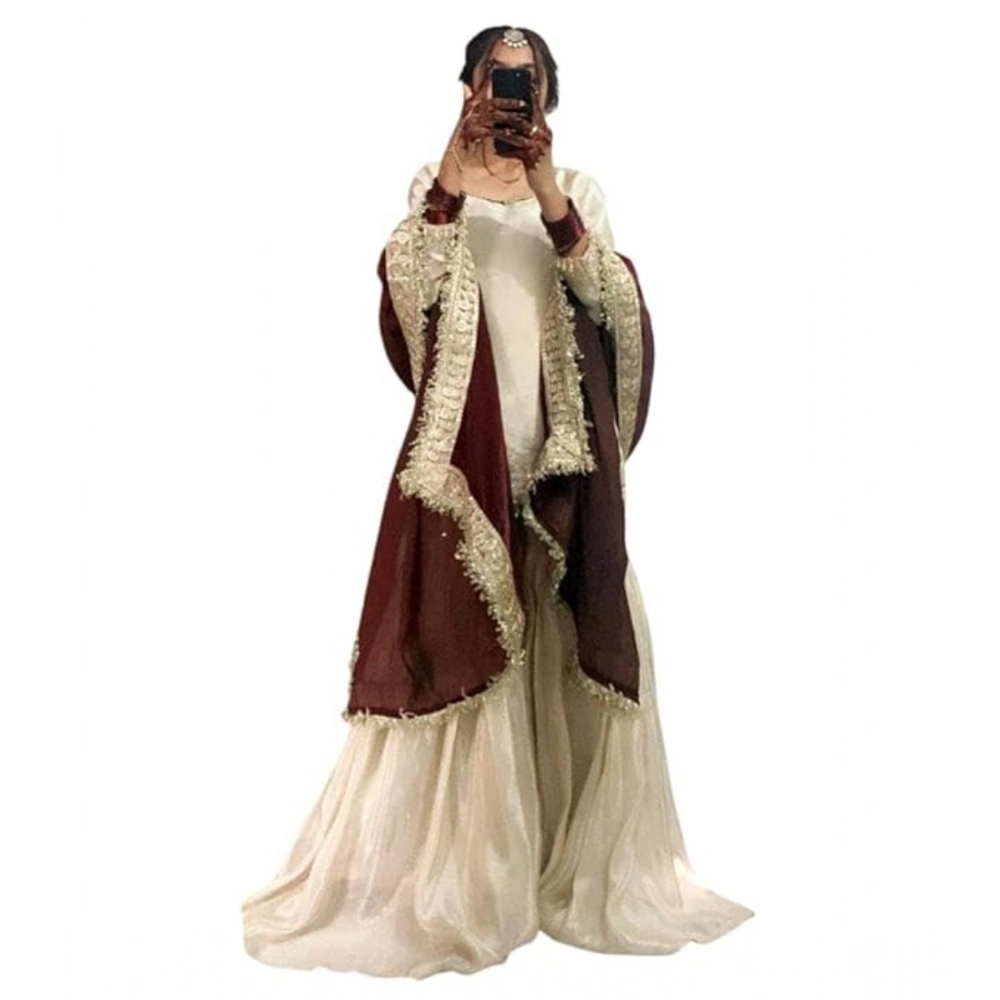 Generic Women's Silk Embroidered 3/4th Sleeve V-Neck Kurti With Sharara Pant and Dupatta Set (Cream & Brown) - Image 4