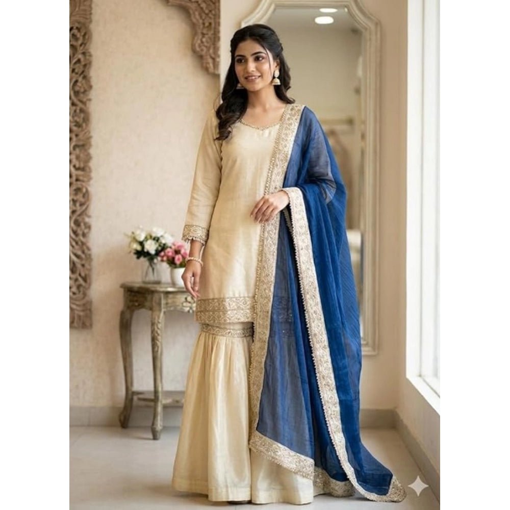 Silk Embroidered 3/4th Sleeve V-Neck Kurti With Sharara Pant and Dupatta Set (Cream & Blue)