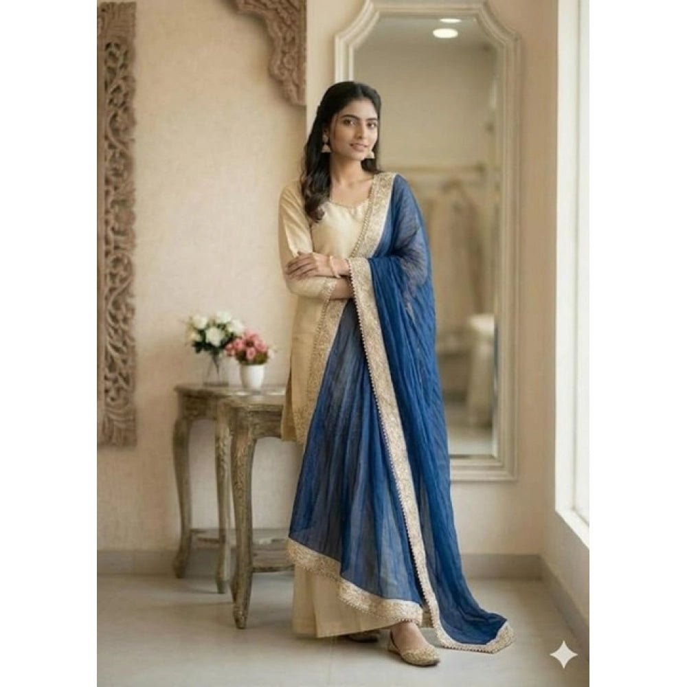 Silk Embroidered 3/4th Sleeve V-Neck Kurti With Sharara Pant and Dupatta Set (Cream & Blue) - Image 3