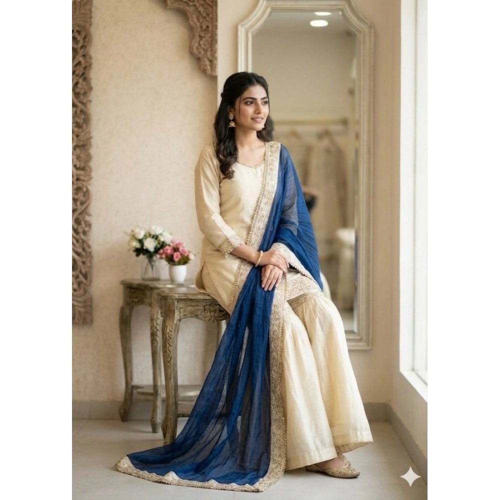 Silk Embroidered 3/4th Sleeve V-Neck Kurti With Sharara Pant and Dupatta Set (Cream & Blue) - Image 4