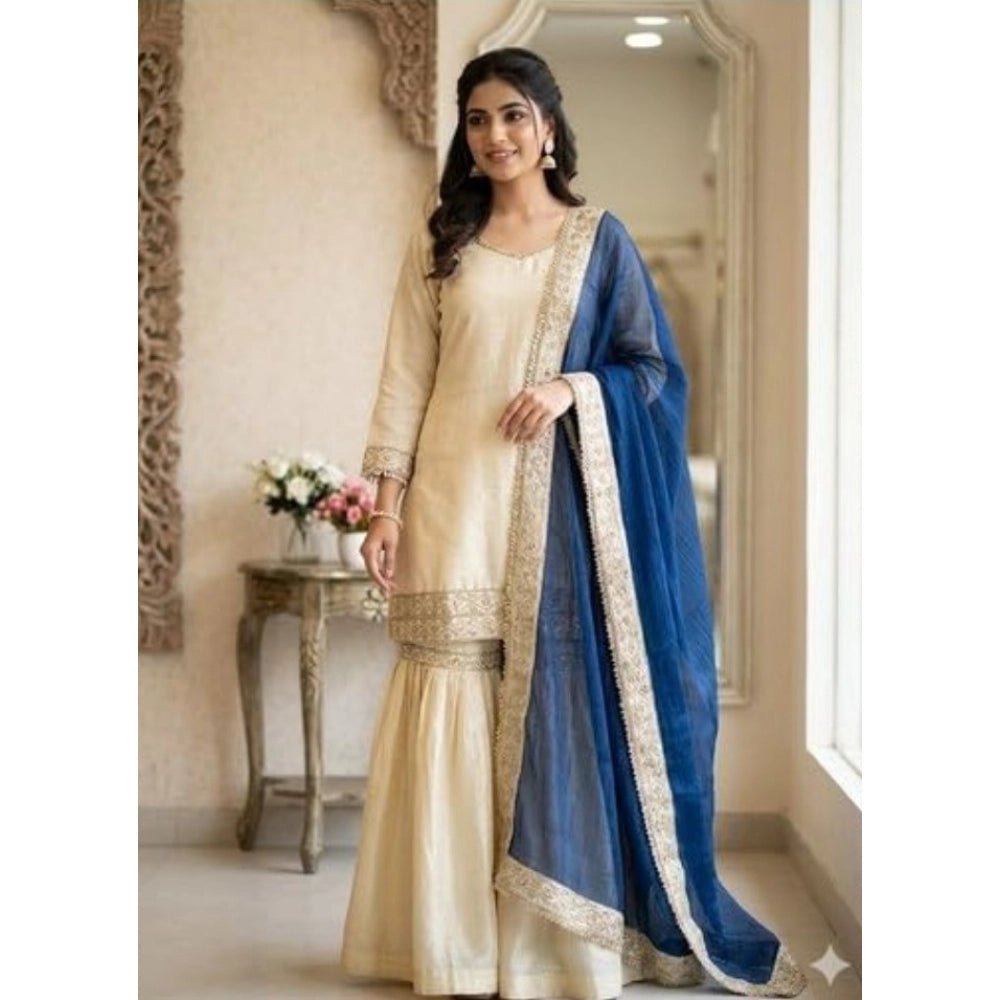 Silk Embroidered 3/4th Sleeve V-Neck Kurti With Sharara Pant and Dupatta Set (Cream & Blue) - Image 5