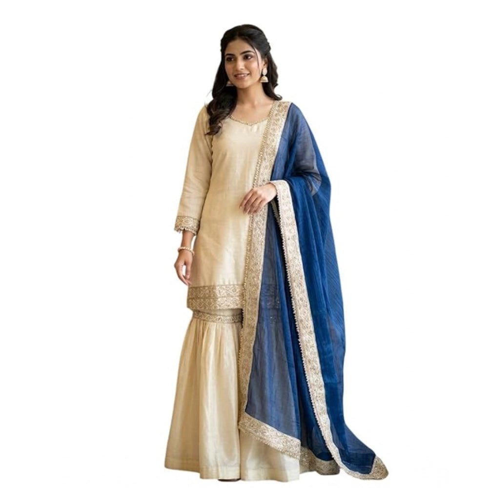 Silk Embroidered 3/4th Sleeve V-Neck Kurti With Sharara Pant and Dupatta Set (Cream & Blue) - Image 2