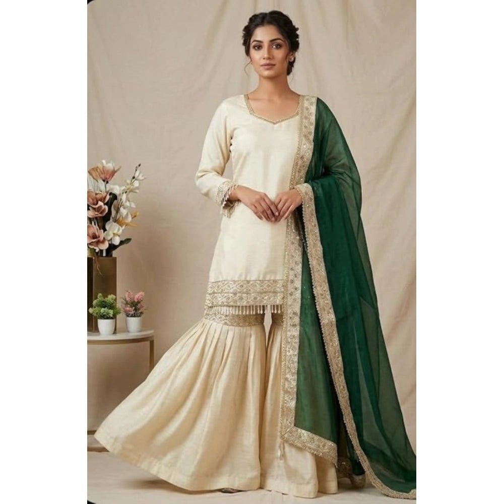 Silk Embroidered 3/4th Sleeve V-Neck Kurti With Sharara Pant and Dupatta Set (Cream & Bottle Green)