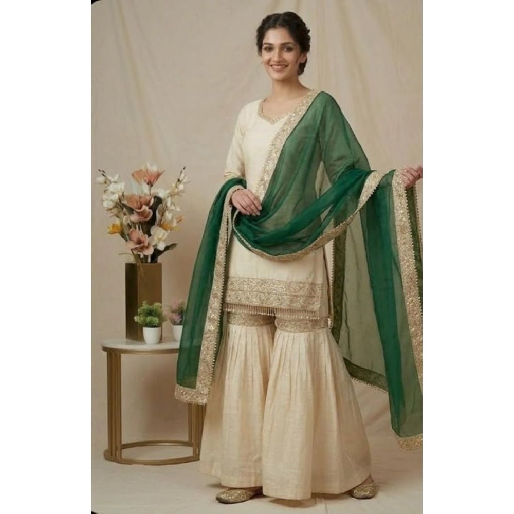 Silk Embroidered 3/4th Sleeve V-Neck Kurti With Sharara Pant and Dupatta Set (Cream & Bottle Green) - Image 3