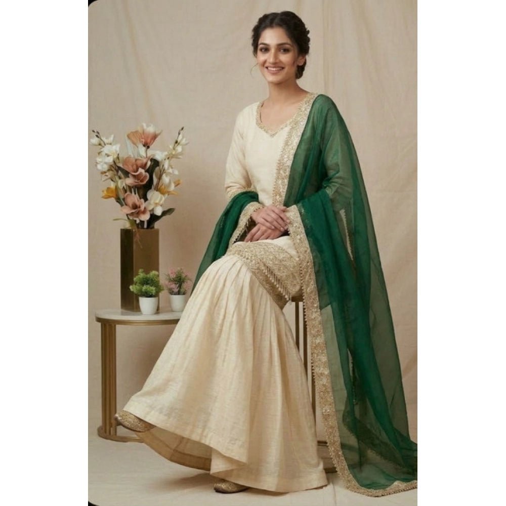 Silk Embroidered 3/4th Sleeve V-Neck Kurti With Sharara Pant and Dupatta Set (Cream & Bottle Green) - Image 4
