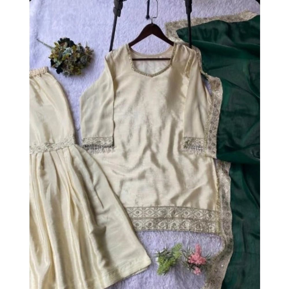 Silk Embroidered 3/4th Sleeve V-Neck Kurti With Sharara Pant and Dupatta Set (Cream & Bottle Green) - Image 5