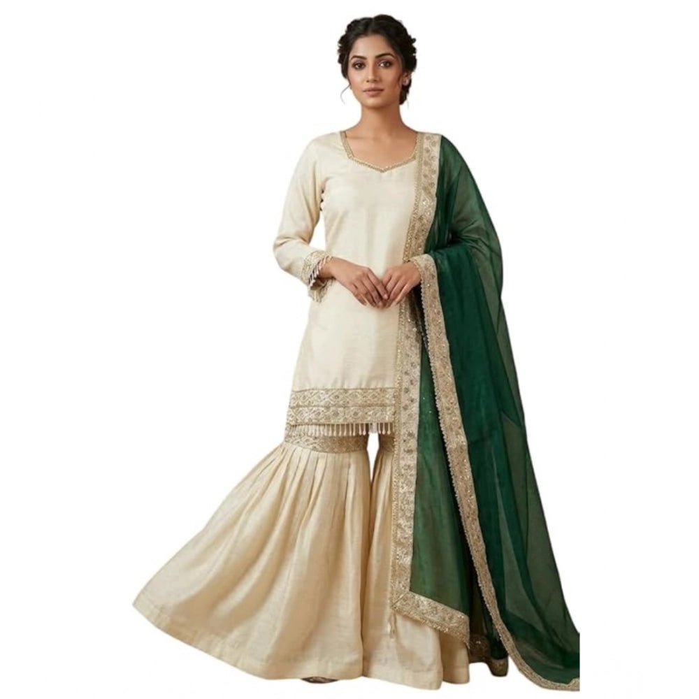 Silk Embroidered 3/4th Sleeve V-Neck Kurti With Sharara Pant and Dupatta Set (Cream & Bottle Green) - Image 2