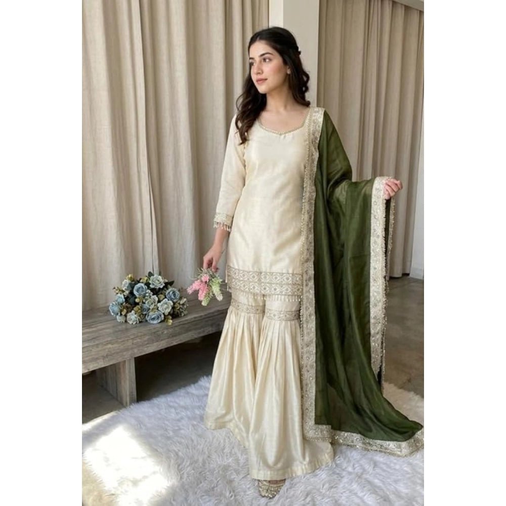 Silk Embroidered 3/4th Sleeve V-Neck Kurti With Sharara Pant and Dupatta Set (Cream & Green)