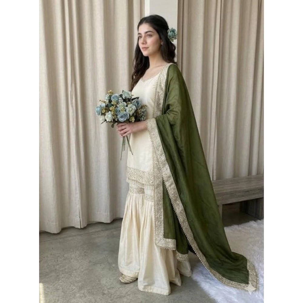 Silk Embroidered 3/4th Sleeve V-Neck Kurti With Sharara Pant and Dupatta Set (Cream & Green) - Image 3
