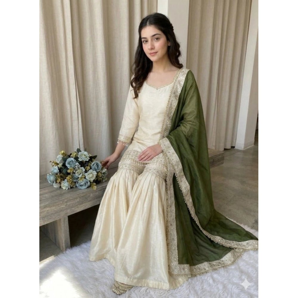 Silk Embroidered 3/4th Sleeve V-Neck Kurti With Sharara Pant and Dupatta Set (Cream & Green) - Image 4