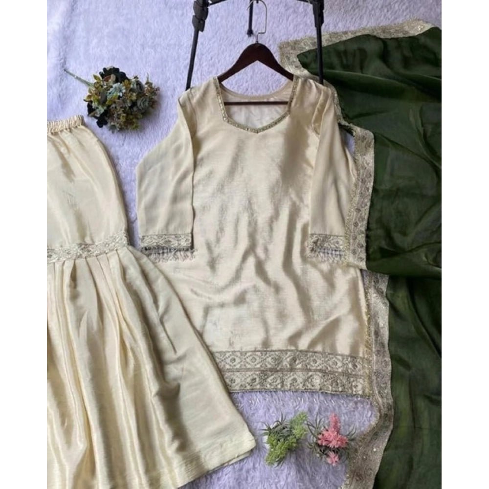 Silk Embroidered 3/4th Sleeve V-Neck Kurti With Sharara Pant and Dupatta Set (Cream & Green) - Image 5