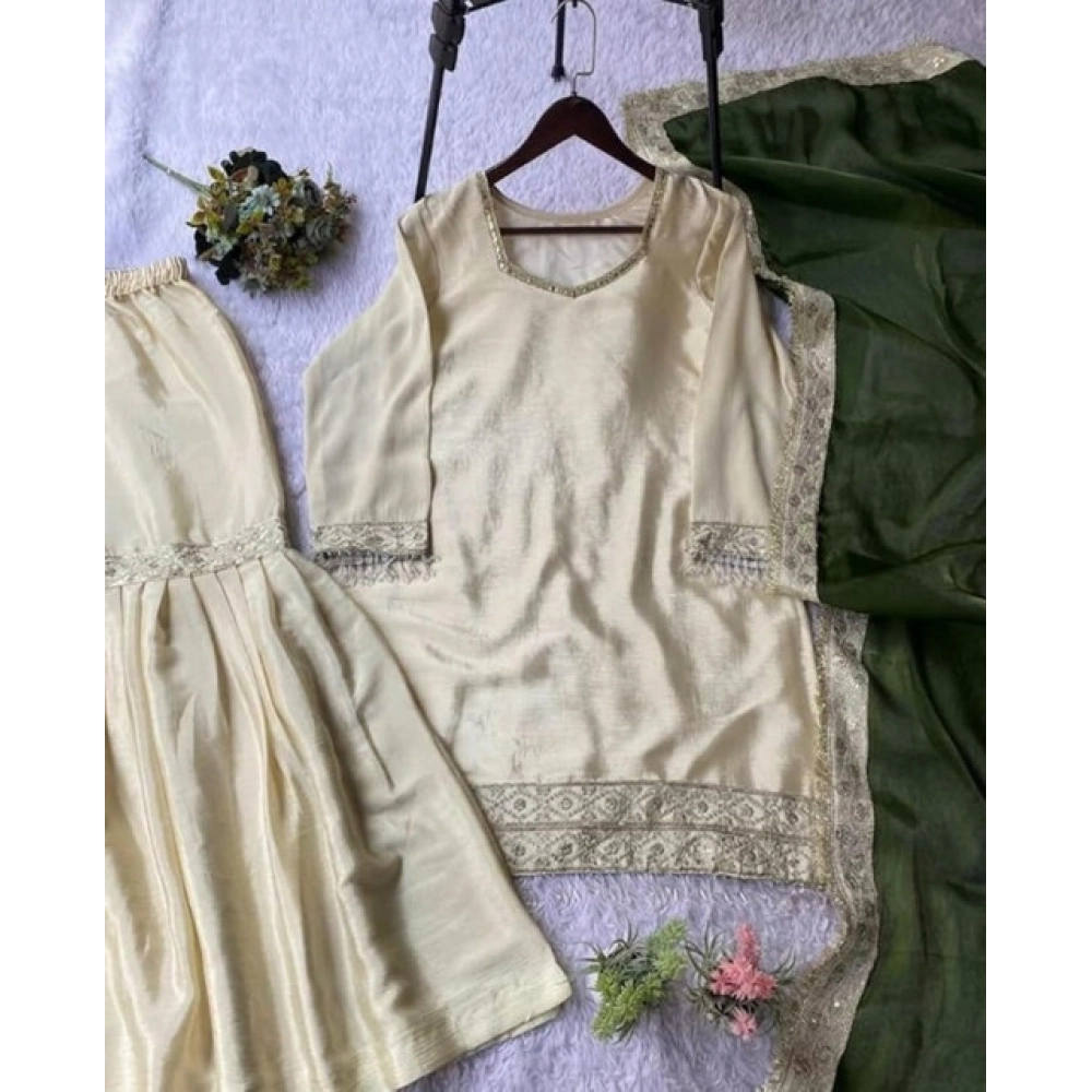 Generic Women's Silk Embroidered 3/4th Sleeve V-Neck Kurti With Sharara Pant and Dupatta Set (Cream & Green) - Image 3