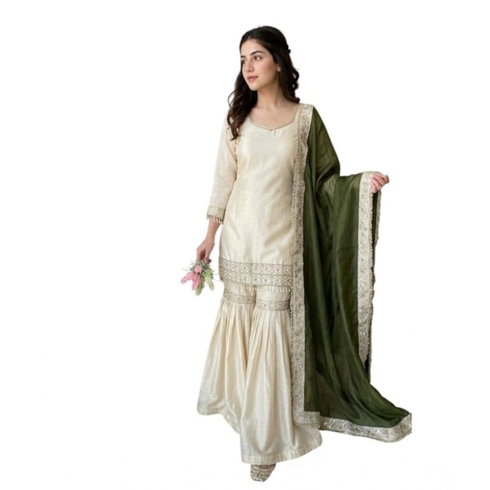 Silk Embroidered 3/4th Sleeve V-Neck Kurti With Sharara Pant and Dupatta Set (Cream & Green) - Image 2